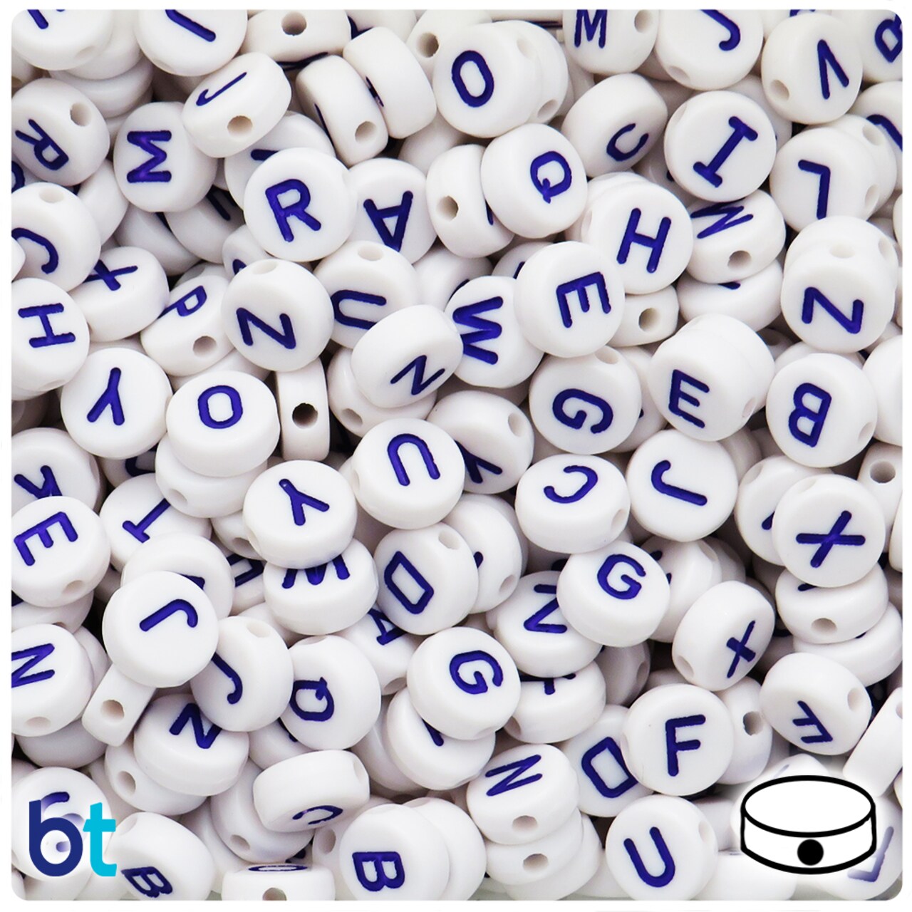 BeadTin White Opaque 10mm Coin Alpha Beads - Purple Letter Mix (150pcs)